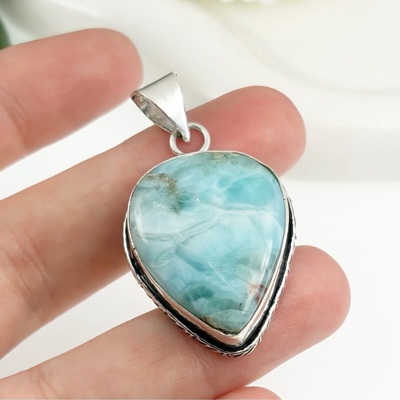 Jewelry Set Lot Blue Larimar Pendant Turquoise Necklace Bracelets 925 Overlay - Picture 5 of 9